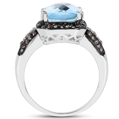 4.33 Carat Genuine Swiss Blue Topaz, Champagne Diamond &amp; White Diamond .925 Sterling Silver Ring