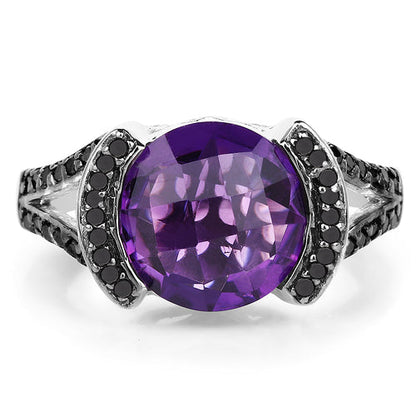 3.24 Carat Genuine Amethyst &amp; Black Diamond .925 Sterling Silver Ring