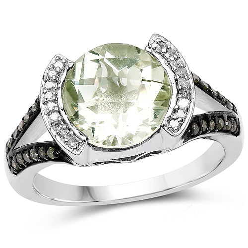 3.59 Carat Genuine Green Amethyst, Green Diamond &amp; White Diamond .925 Sterling Silver Ring