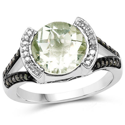 3.59 Carat Genuine Green Amethyst, Green Diamond &amp; White Diamond .925 Sterling Silver Ring