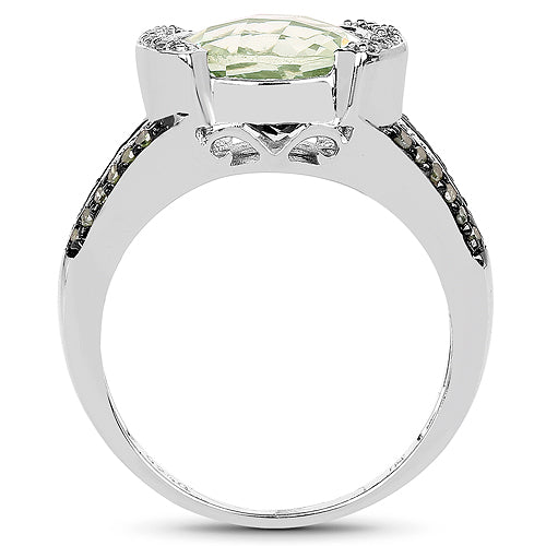 3.59 Carat Genuine Green Amethyst, Green Diamond &amp; White Diamond .925 Sterling Silver Ring