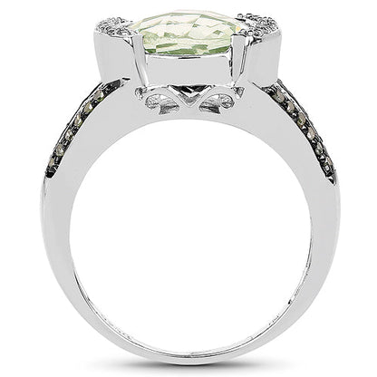3.59 Carat Genuine Green Amethyst, Green Diamond &amp; White Diamond .925 Sterling Silver Ring