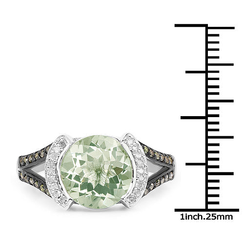 3.59 Carat Genuine Green Amethyst, Green Diamond &amp; White Diamond .925 Sterling Silver Ring