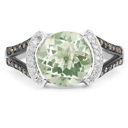 3.59 Carat Genuine Green Amethyst, Green Diamond &amp; White Diamond .925 Sterling Silver Ring