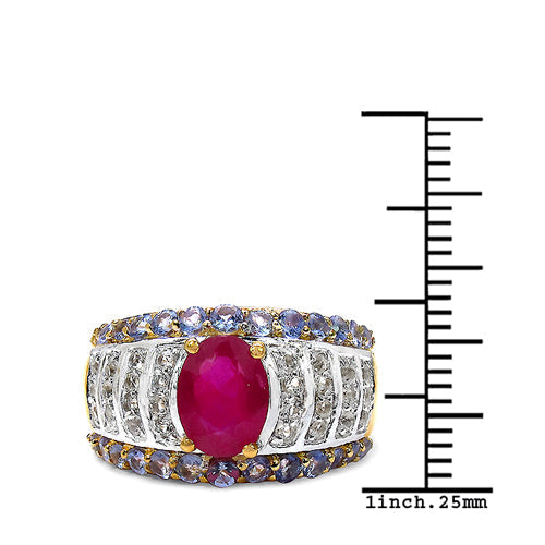 14K Yellow Gold Plated 3.02 Carat Genuine Ruby, Tanzanite &amp; White Topaz .925 Sterling Silver Ring
