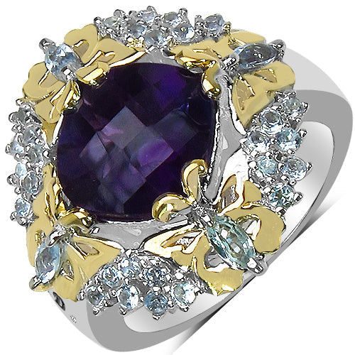 3.91 Carat Genuine Amethyst, Blue Topaz &amp; White Diamond .925 Sterling Silver Ring
