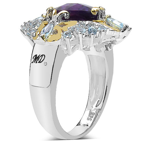3.91 Carat Genuine Amethyst, Blue Topaz &amp; White Diamond .925 Sterling Silver Ring