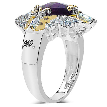 3.91 Carat Genuine Amethyst, Blue Topaz &amp; White Diamond .925 Sterling Silver Ring