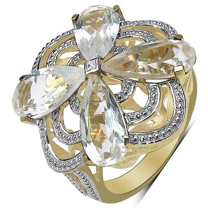 14K Yellow Gold Plated 6.69 Carat Genuine Crystal Quartz &amp; White Diamond .925 Sterling Silver Ring