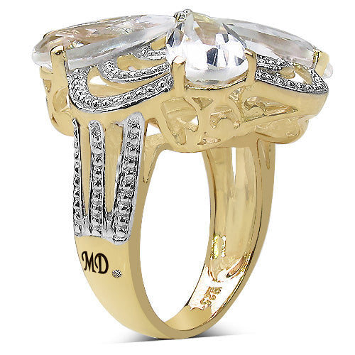 14K Yellow Gold Plated 6.69 Carat Genuine Crystal Quartz &amp; White Diamond .925 Sterling Silver Ring