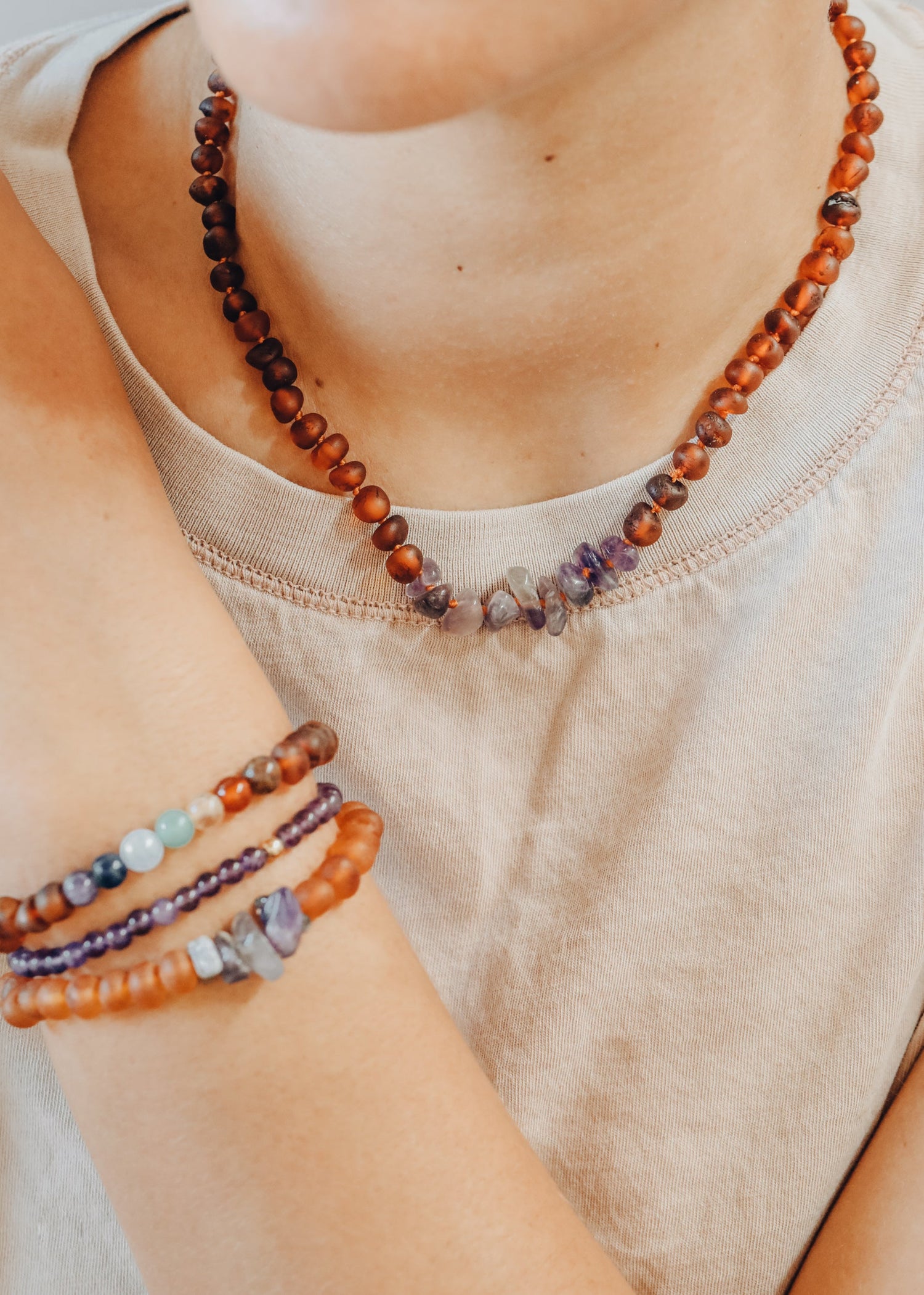 Raw Cognac Baltic Amber + Raw Amethyst || Adult Bracelet by CanyonLeaf
