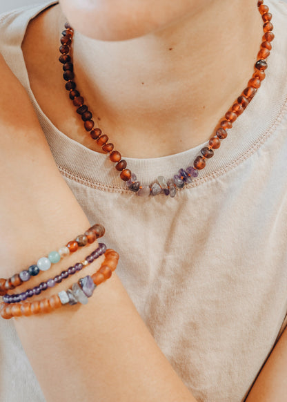 Raw Cognac Baltic Amber + Raw Amethyst || Adult Bracelet by CanyonLeaf