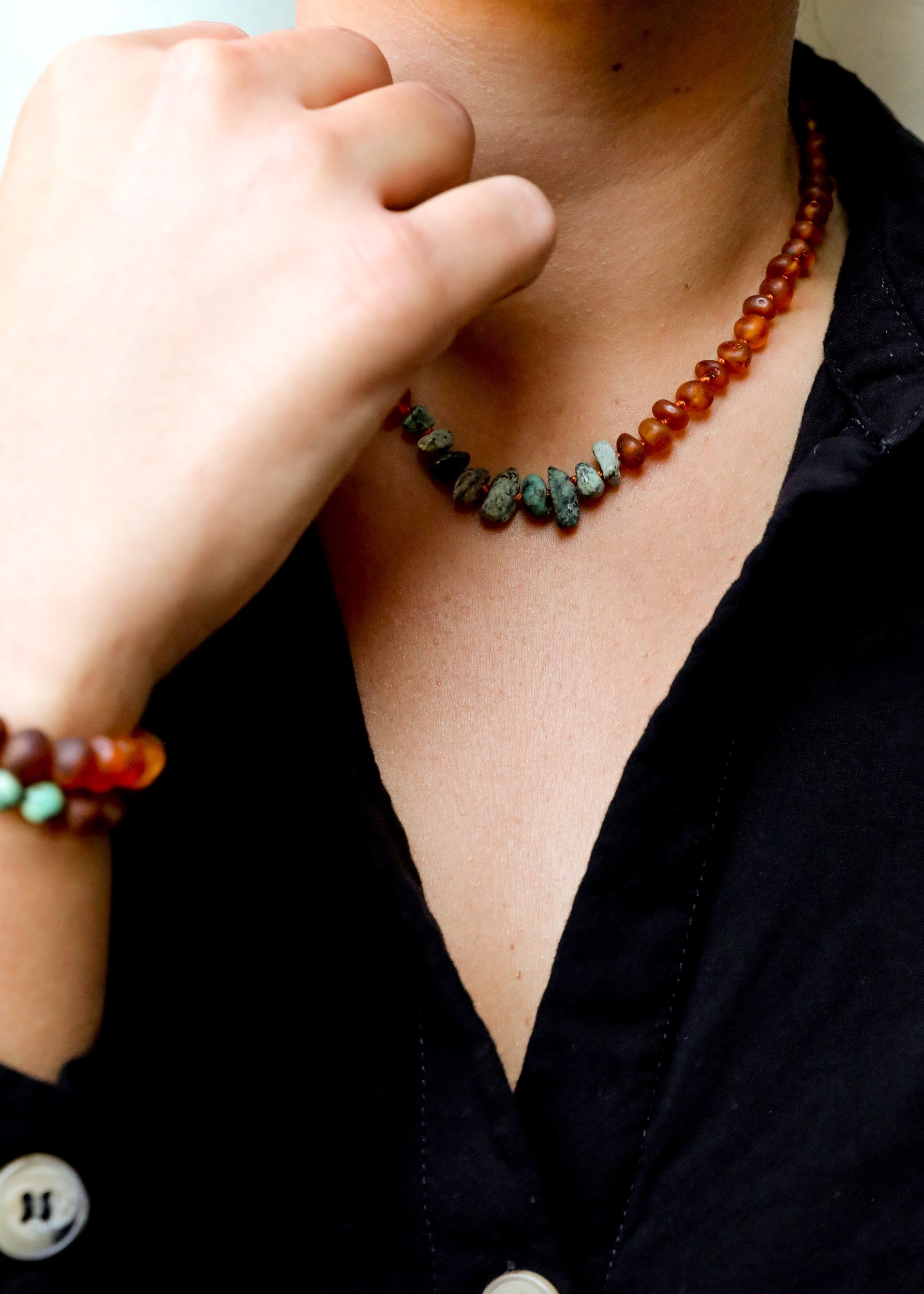 Raw Cognac Baltic Amber + Raw Turquoise Jasper || Necklace by CanyonLeaf