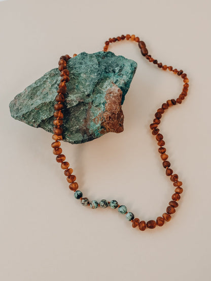 Raw Cognac Baltic Amber + Turquoise Jasper || Necklace by CanyonLeaf