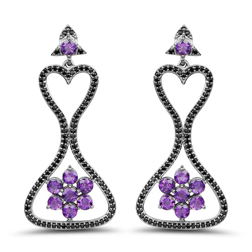 6.31 Carat Genuine Amethyst &amp; Black Spinel .925 Sterling Silver Earrings
