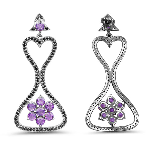 6.31 Carat Genuine Amethyst &amp; Black Spinel .925 Sterling Silver Earrings