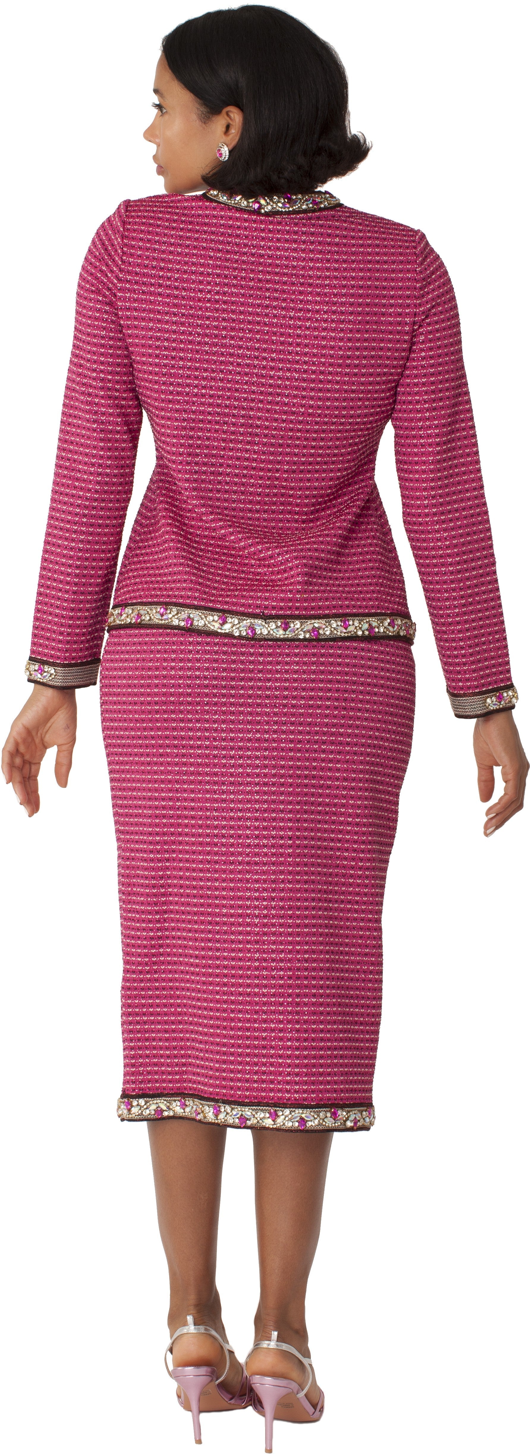 Rose Pink Knit Suit with Floral Trim - 7311 by Tally Taylor