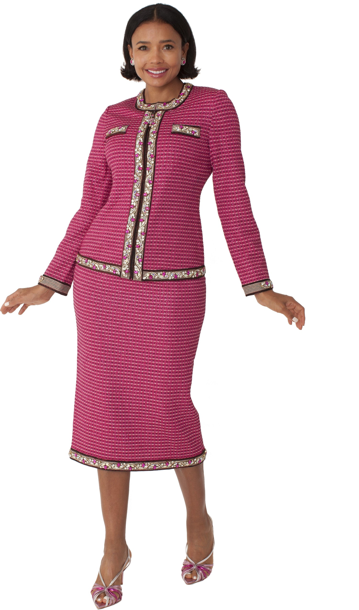 Rose Pink Knit Suit with Floral Trim - 7311 by Tally Taylor