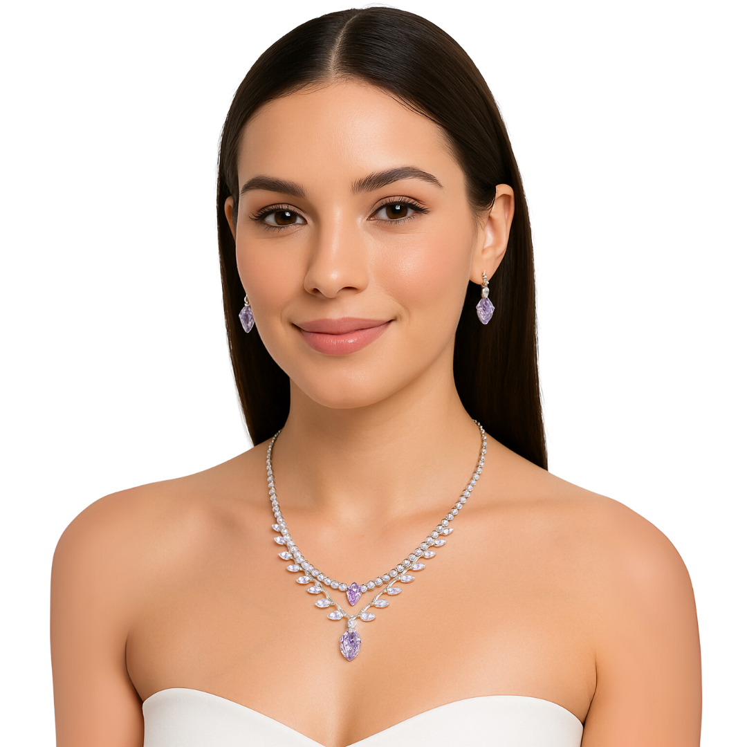 “Aurora” Lavender Crystal Necklace &amp; Earrings Jewelry Set by Farmacias Savia