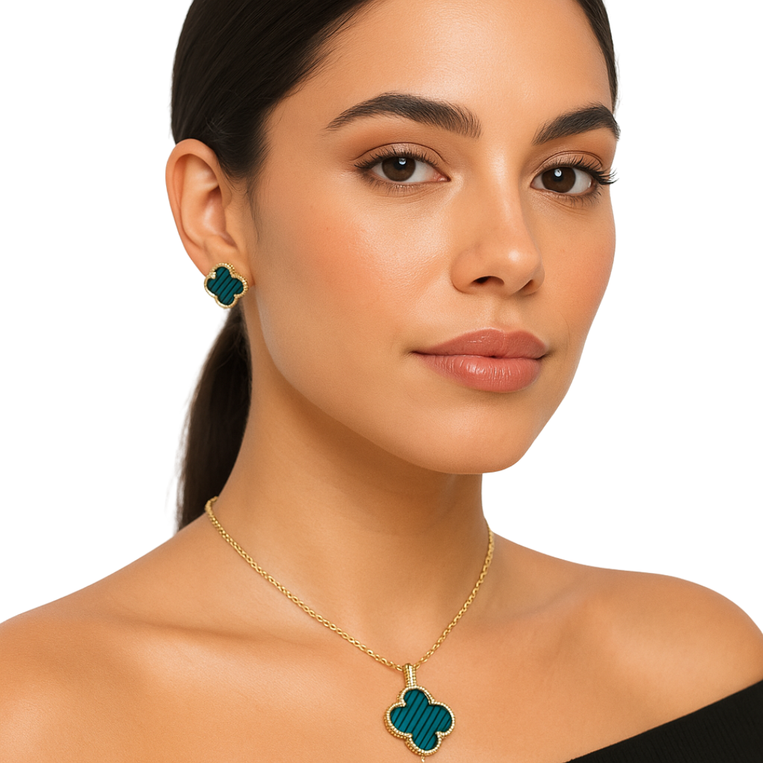 Fortuna Clover Enamel Necklace &amp; Earrings Jewelry Set by Farmacias Savia