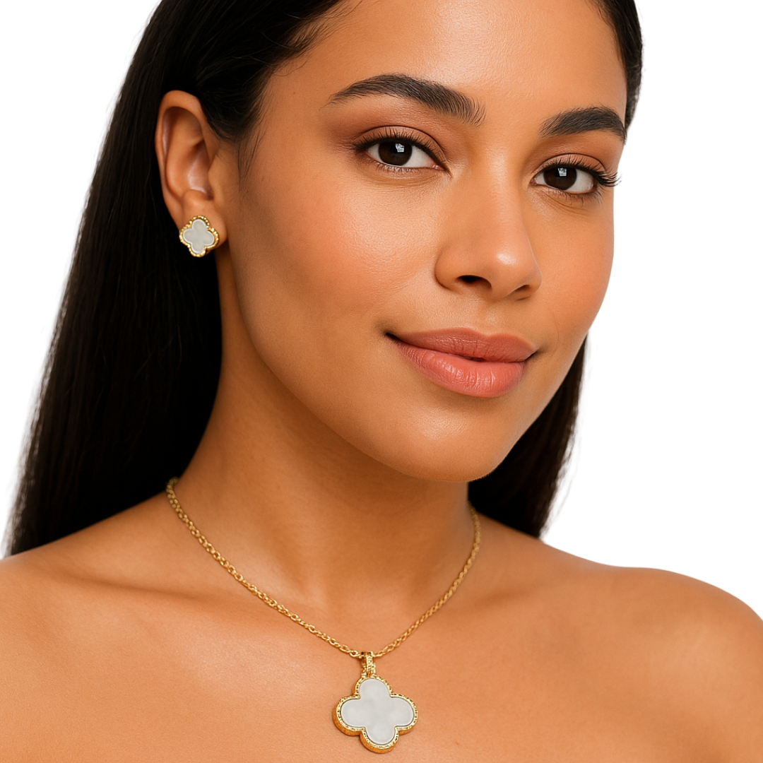 Isabella White Clover Enamel Necklace &amp; Earrings Jewelry Set by Farmacias Savia