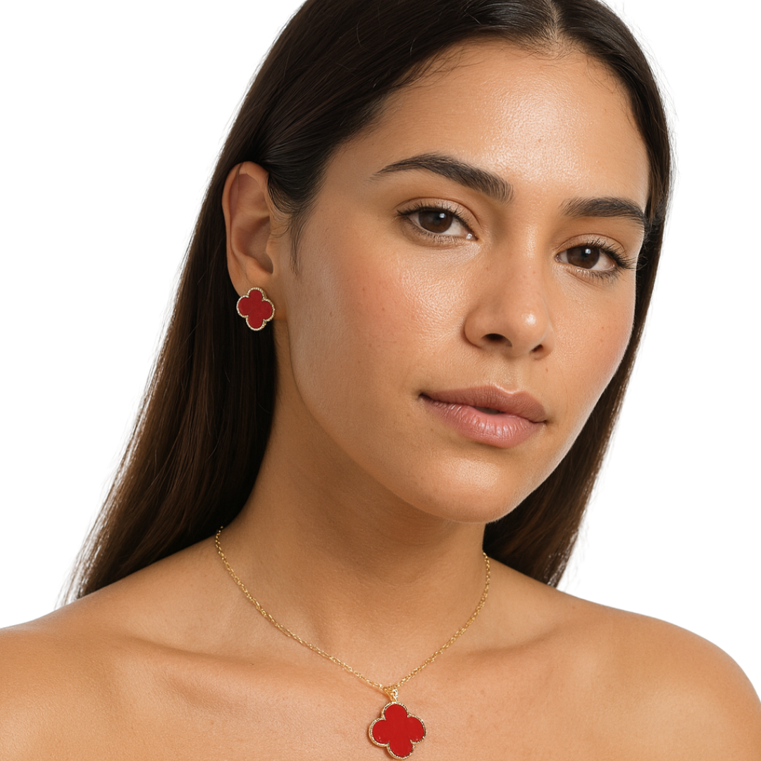 Pasión Red Clover Enamel Necklace &amp; Earrings Jewelry Set by Farmacias Savia