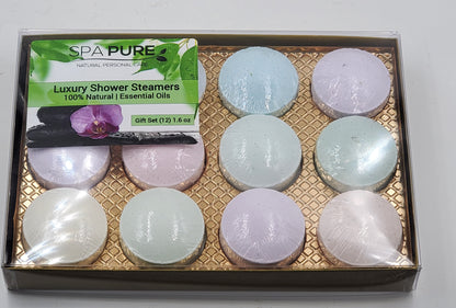 12 Aromatherapy Shower Steamers - NEWEST - Most Popular scents - 100% Essential Oil Blends - individually wrapped 1.6 oz each by Spa Pure