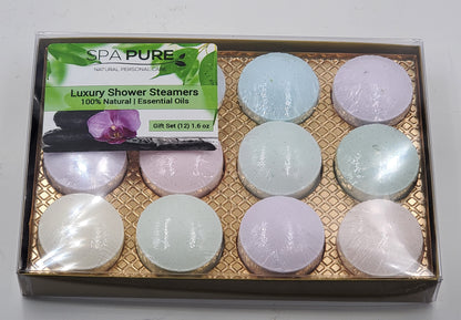 12 Aromatherapy Shower Steamers - NEWEST - Most Popular scents - 100% Essential Oil Blends - individually wrapped 1.6 oz each by Spa Pure