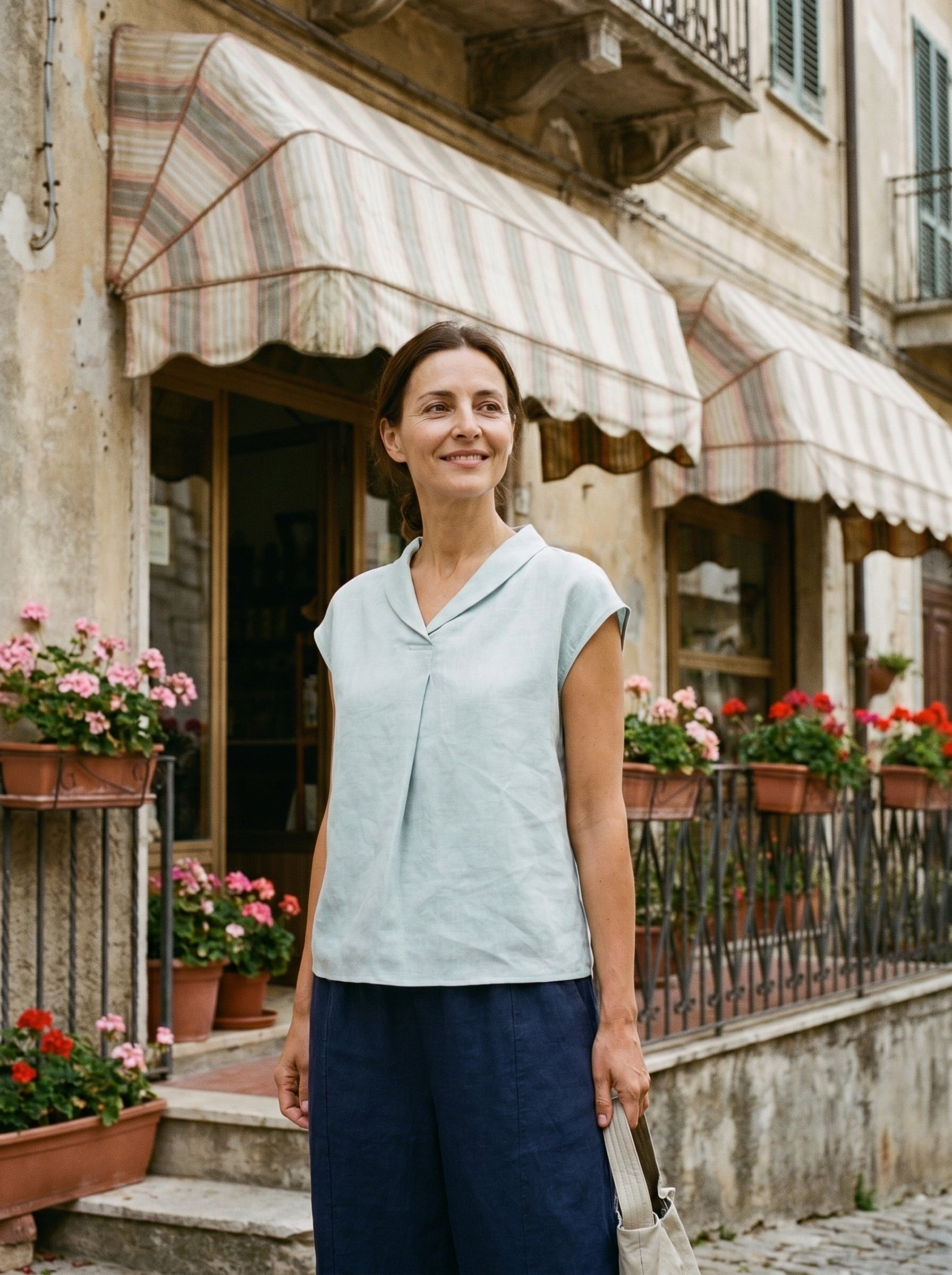 100% Linen Shawl V-Neck Cap Sleeves Top ELARA by LINTICO