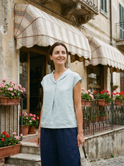 100% Linen Shawl V-Neck Cap Sleeves Top ELARA by LINTICO