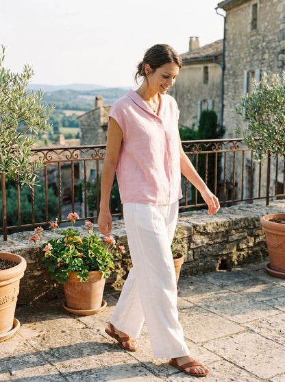 100% Linen Shawl V-Neck Cap Sleeves Top ELARA by LINTICO