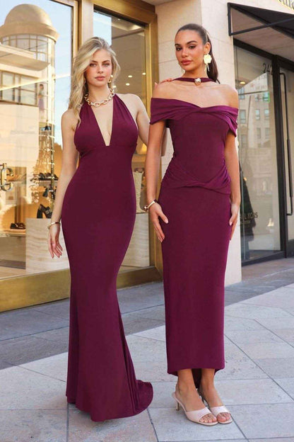 Astee T503 Off the Shoulder Halter Strap Fitted Stretch Dress by DiscountDressShop