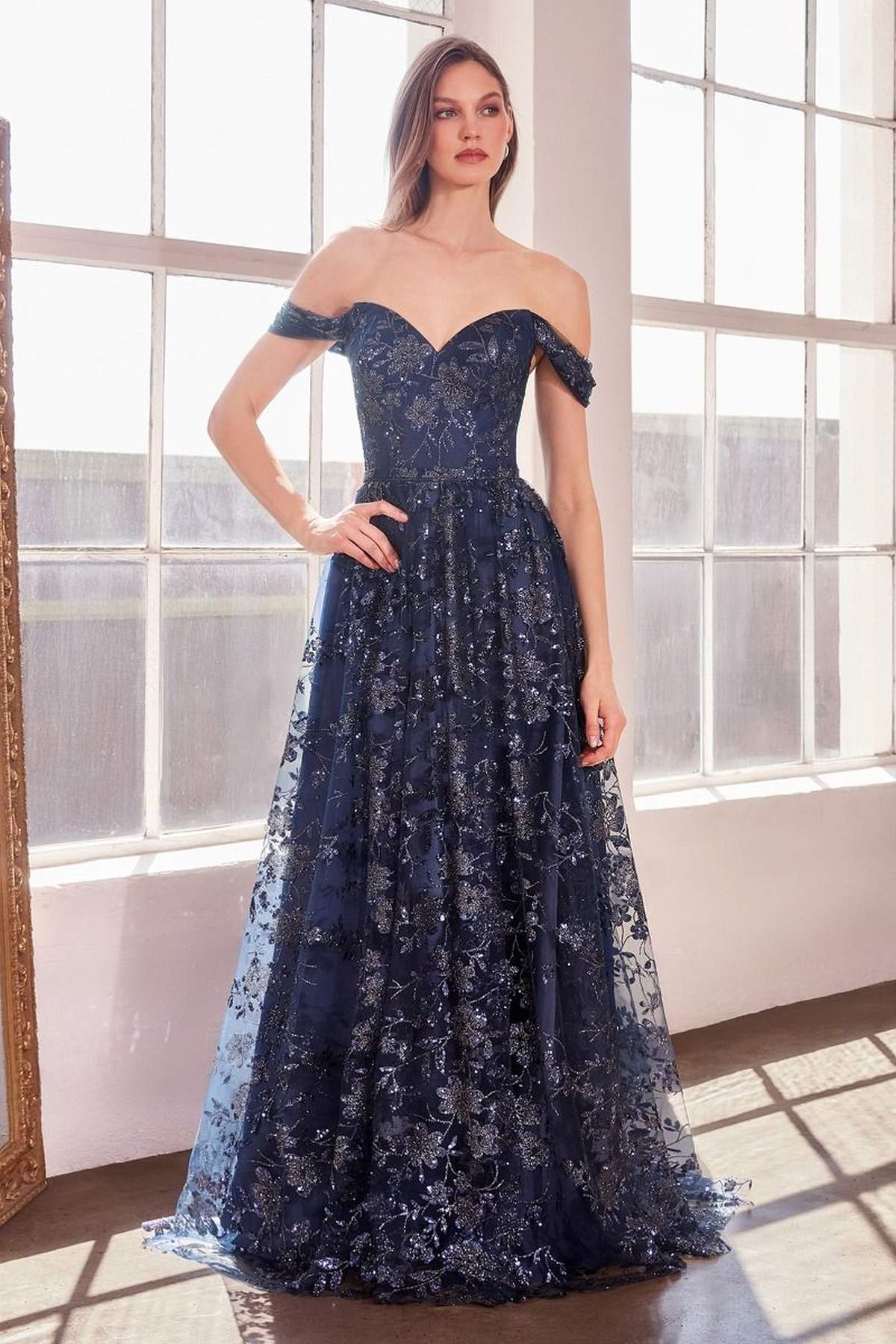 Ladivine Amoris T607 Glitter Print Off the Shoulder A-Line Prom Gown by DiscountDressShop