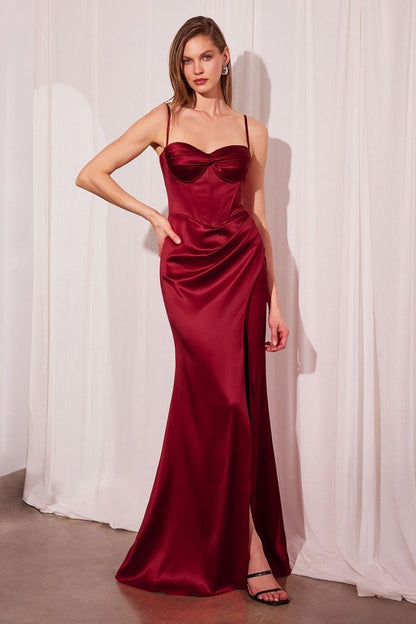 Ladivine Amoris T608 Long Fitted Satin Prom Gown Corset Bodice Slit by DiscountDressShop