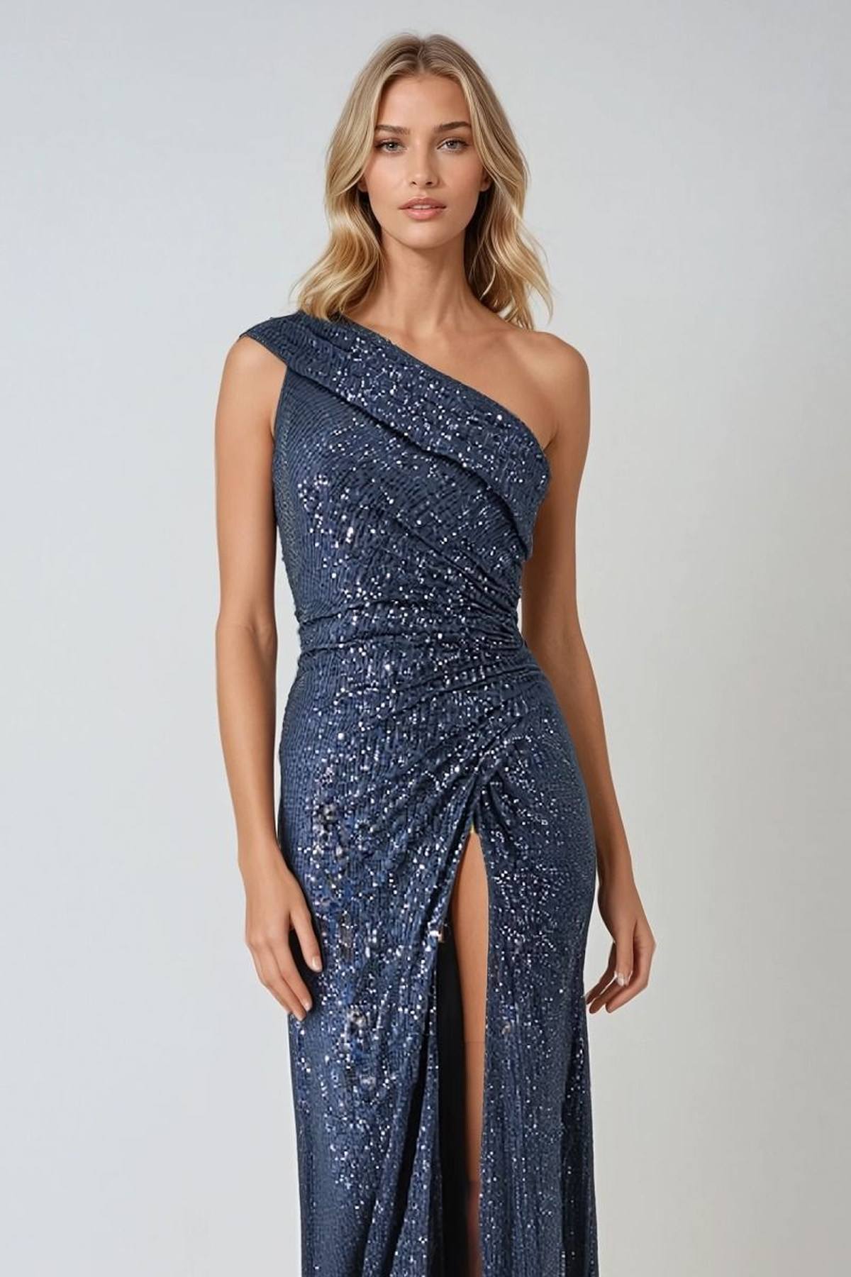 Ladivine Amoris T806 One Shoulder Evening Sequin Dress Leg Slit by DiscountDressShop