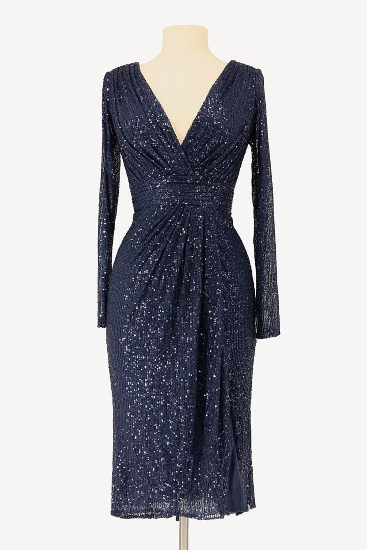 Ladivine Amoris T807 Knee Length Long Sleeve Sequin Dress V-Neckline by DiscountDressShop