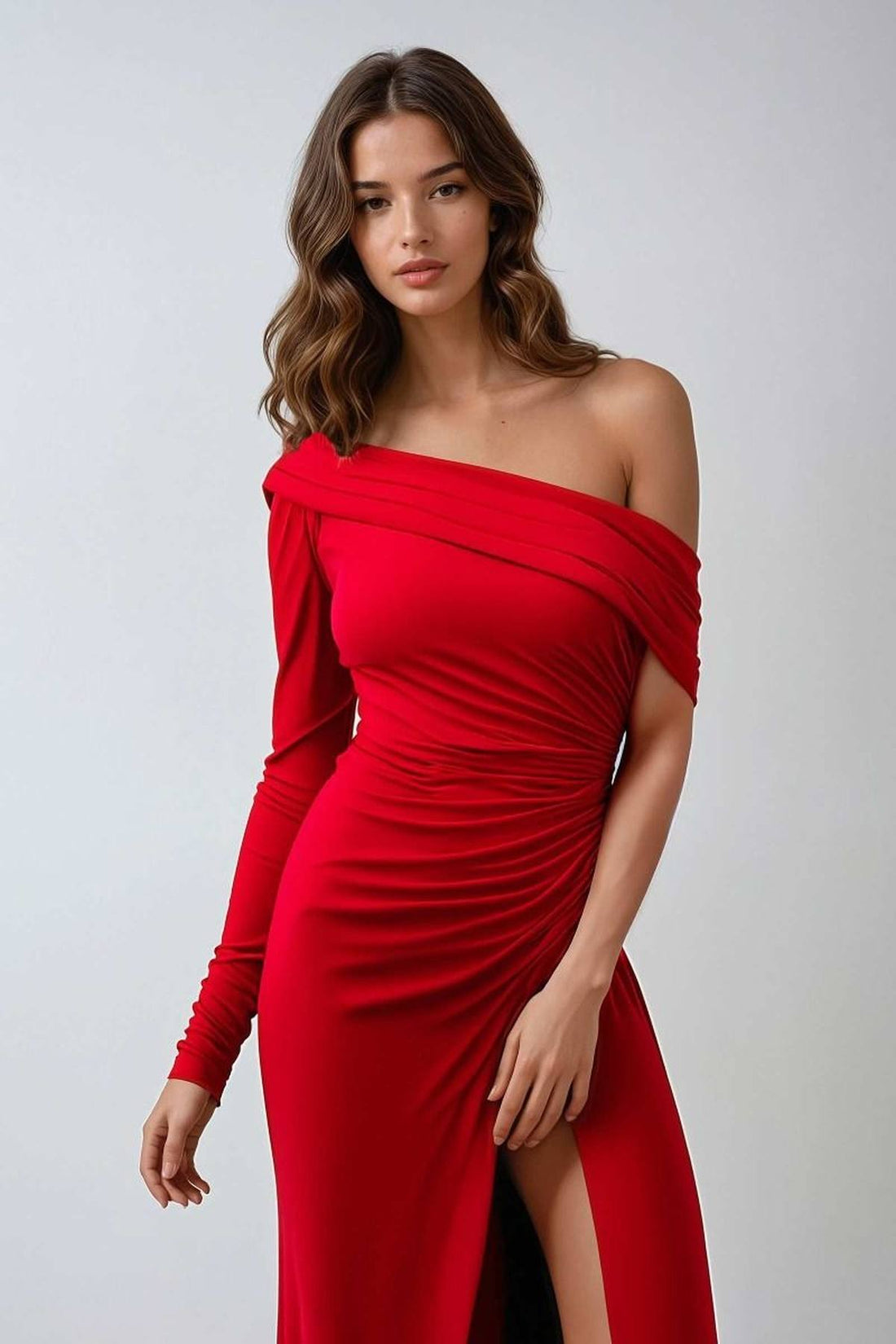 Ladivine Amoris T808 One Sleeve Off Shoulder Fitted Gown with Slit by DiscountDressShop