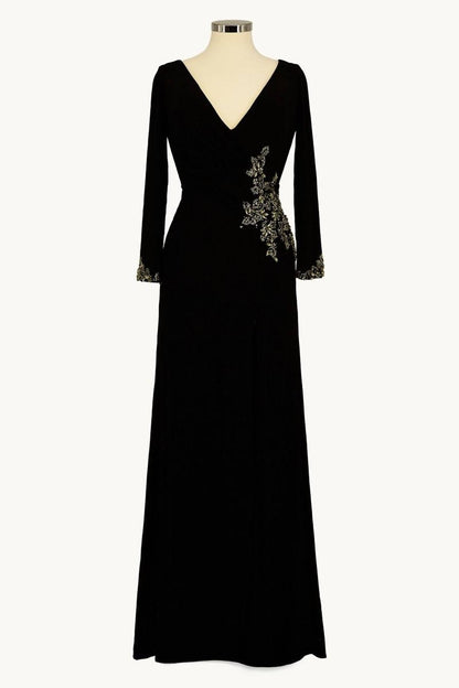 Ladivine Amoris T809 Long Sleeve V-Neckline Embellished Leg Slit Gown by DiscountDressShop