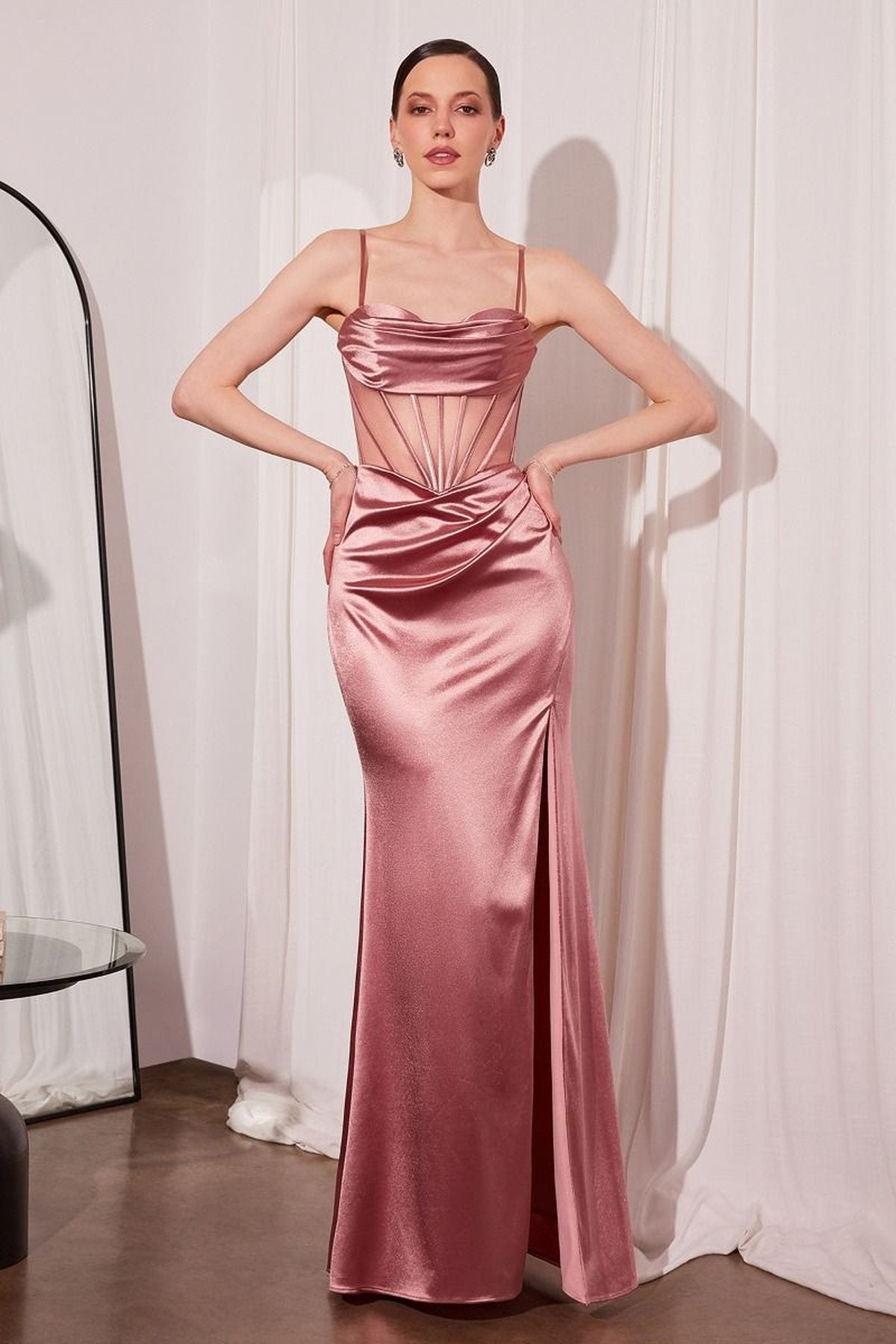 Ladivine Amoris T812 Long Fitted Sheer Bodice Cowl Neck Satin Prom Dress by DiscountDressShop
