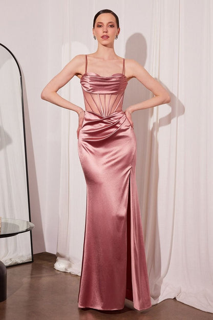 Ladivine Amoris T812 Long Fitted Sheer Bodice Cowl Neck Satin Prom Dress by DiscountDressShop