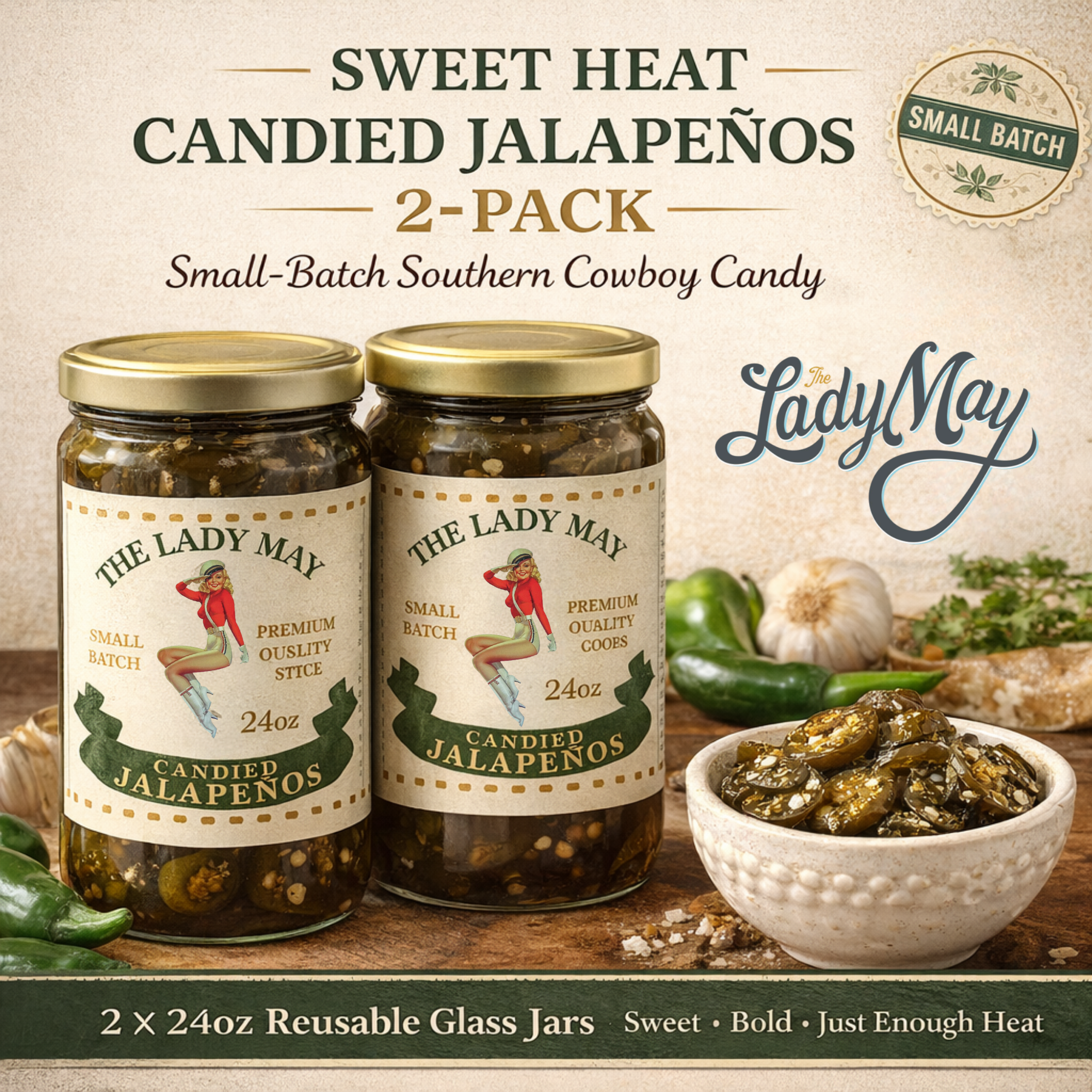 Sweet Heat Candied Jalapeños 2 pack – The Lady May’s Small-Batch Cowboy Candy | Sweet &amp; Spicy Pickled Jalapeños in 24oz Glass Jar