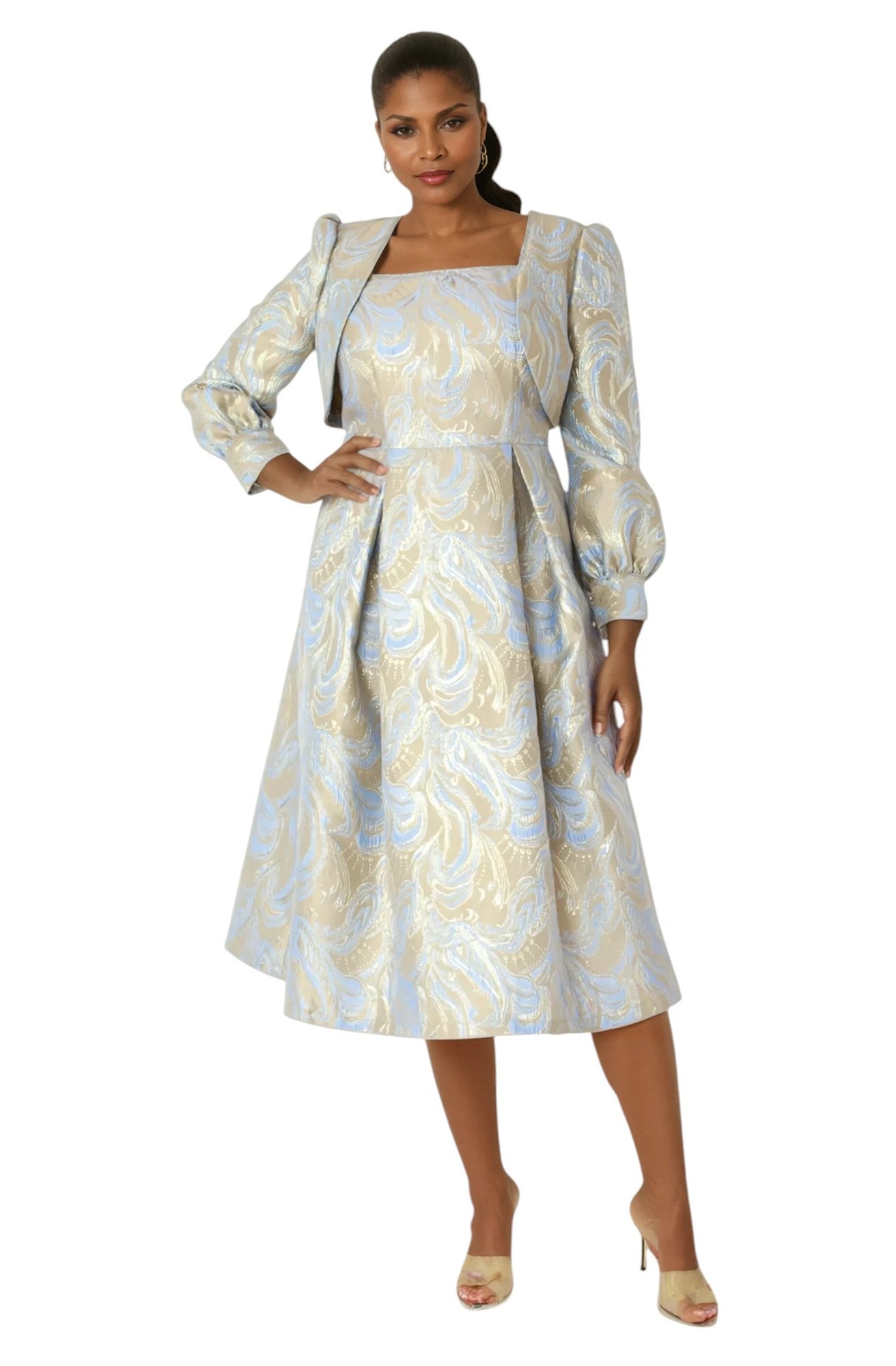 Two-Piece Metallic Swirl Brocade Dress with Balloon Sleeve Jacket- 4889 by Tally Taylor