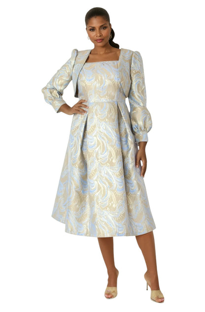 Two-Piece Metallic Swirl Brocade Dress with Balloon Sleeve Jacket- 4889 by Tally Taylor