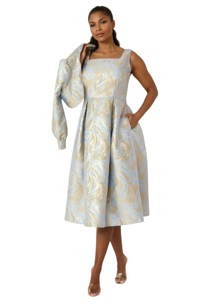 Two-Piece Metallic Swirl Brocade Dress with Balloon Sleeve Jacket- 4889 by Tally Taylor
