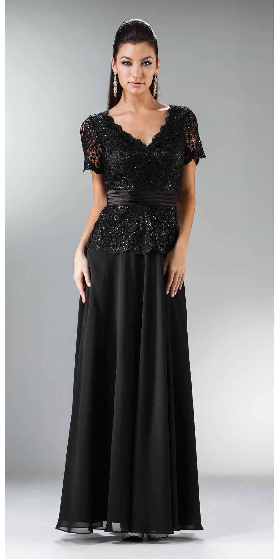 CLEARANCE - Cinderella Divine 1452 - Floor Length Black Dress Lace Top V-Neck (Size 2XL) by DiscountDressShop