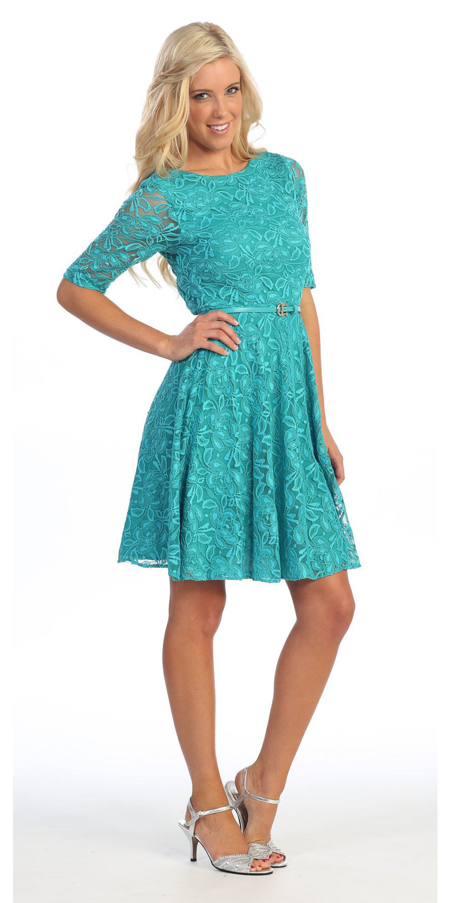 CLEARANCE - Celavie 2367 Burgundy Short Lace Dress Mid Sleeves (Size S) by DiscountDressShop