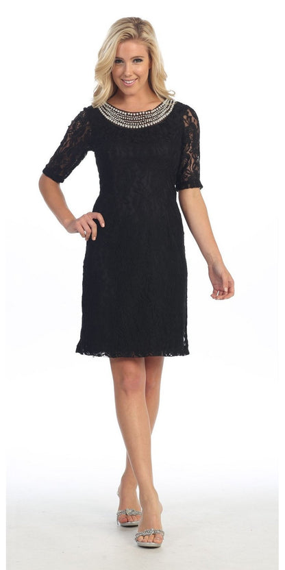 CLEARANCE - Modest Coral Knee Length Semi Formal Dress Short Sleeve Pearl Neck (Size XL, 3XL) by DiscountDressShop
